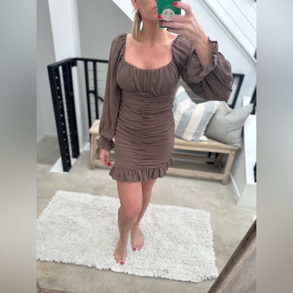 Blush Tan Long Sleeve Ruched Mini Dress | Ruffle Hem | Formal Party | Size M - Picture 1 of 10